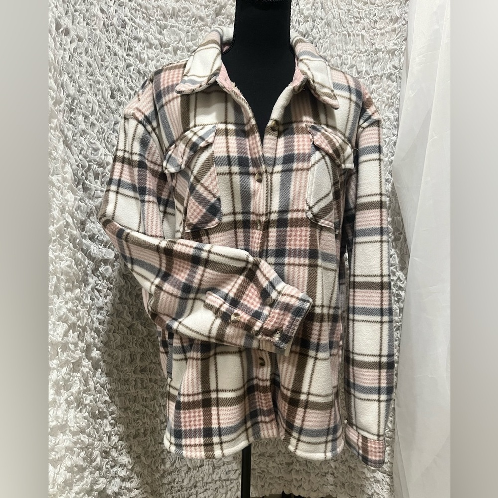 SAGE Collective Cream PLUSH PLAID JACKET,,COZY WOMEN SIZE XXL